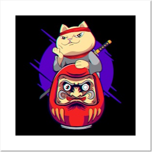 Samurai Maneki Neko Cat Kawaii Daruma Aesthetic Posters and Art